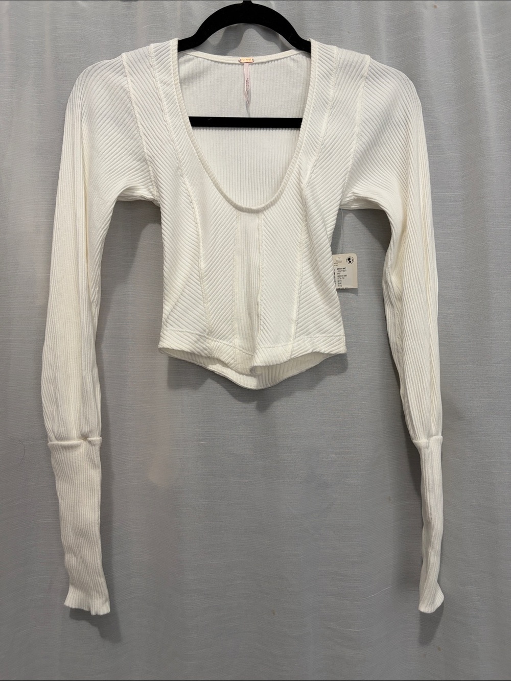 NWT Free People Women's White Ribbed Scoop-Neck Long-Sleeve Top - Sz XS PTP 13”